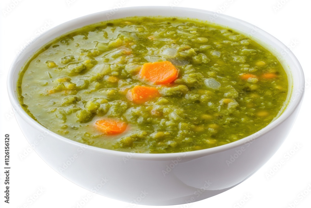 A bowl of green pea soup with carrots, showcasing a healthy and hearty meal option.