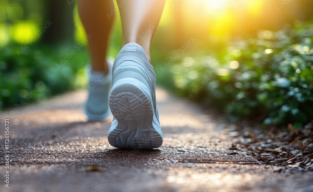 the feet and legs in running shoes, walking on an outdoor track with greenery in the background the feet and legs in running shoes, walking on an outdoor track with greenery in the background