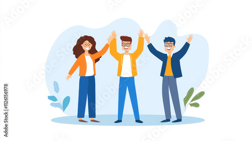 Team members celebrating success with high fives and smiles, showcasing teamwork and positivity in vibrant, illustrated style photo