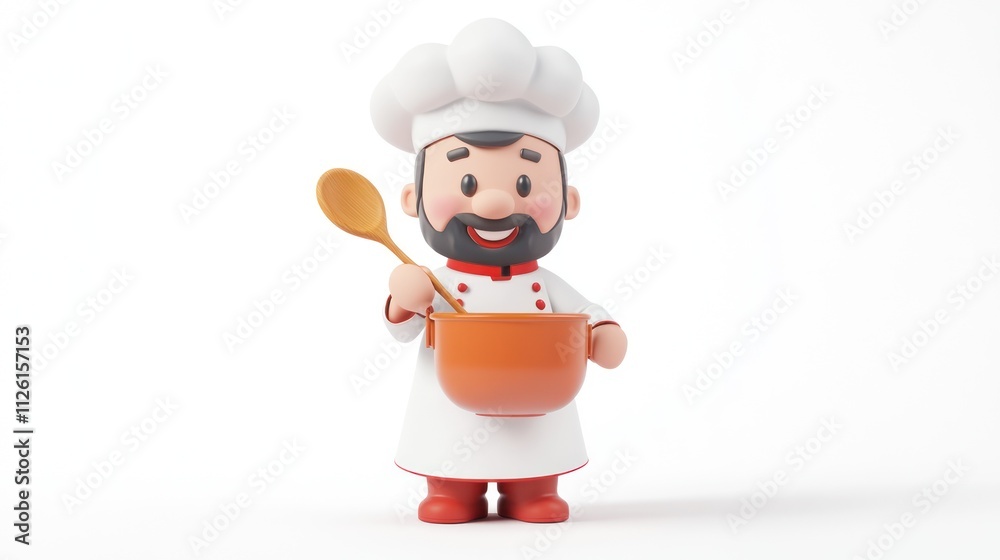 A cheerful cartoon chef holding a mixing bowl and spoon, ready to cook. A cheerful cartoon chef holding a mixing bowl and spoon, ready to cook.