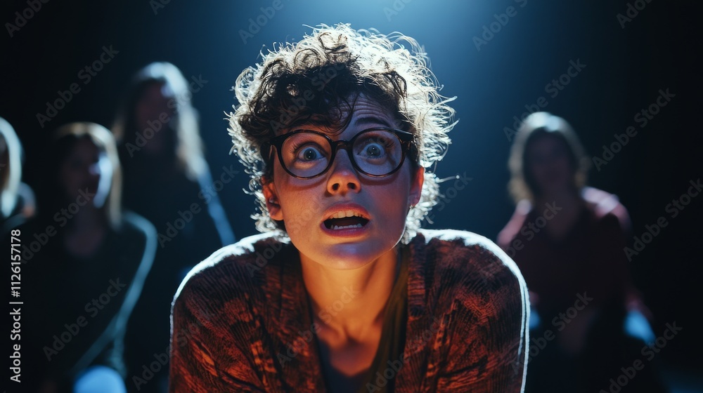 Captivated Audience Member with Glasses in Spotlight at Theater Performance Captivated Audience Member with Glasses in Spotlight at Theater Performance