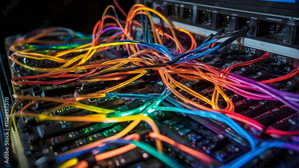 Rainbow Data Stream: A vibrant close-up shot of colorful cables and circuit boards, suggesting the complexity and beauty of modern technology. Rainbow Data Stream: A vibrant close-up shot of colorful cables and circuit boards, suggesting the complexity and beauty of modern technology.