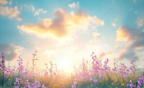 A serene landscape of blooming flowers under a vibrant sky at sunset.