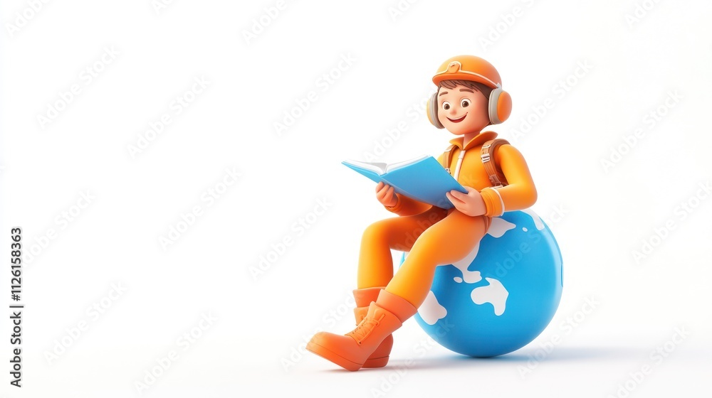 A cheerful character in an orange suit reading on a globe, symbolizing exploration and learning. A cheerful character in an orange suit reading on a globe, symbolizing exploration and learning.