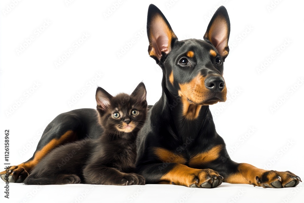 A playful puppy and kitten lying together on a white background. A playful puppy and kitten lying together on a white background.
