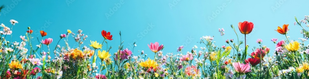 A vibrant field of colorful flowers under a clear blue sky. A vibrant field of colorful flowers under a clear blue sky.