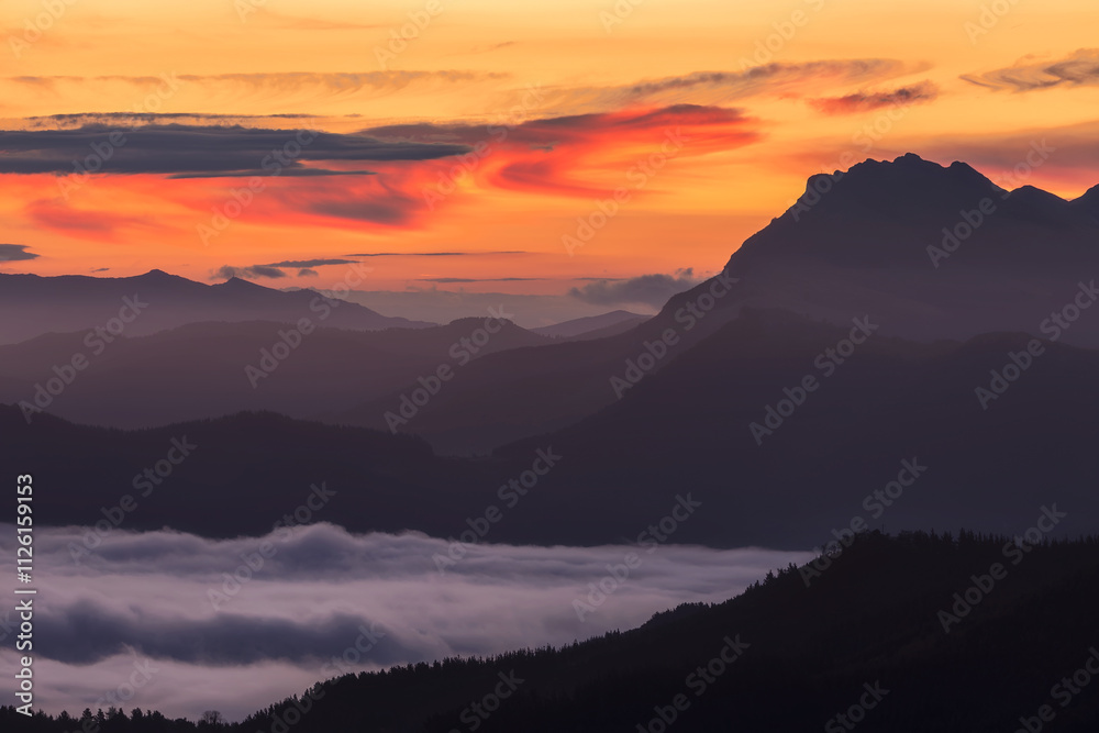 Fototapeta premium Sunrise over Aramaio Valley in Alava, Spain