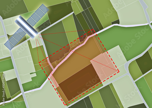 SATELLITE MAPPING CONCEPT with imaginary rural map of territory, land parcels and geodetic satellite taking an aerial photogrammetry - Land measurement and remote relief from space 
