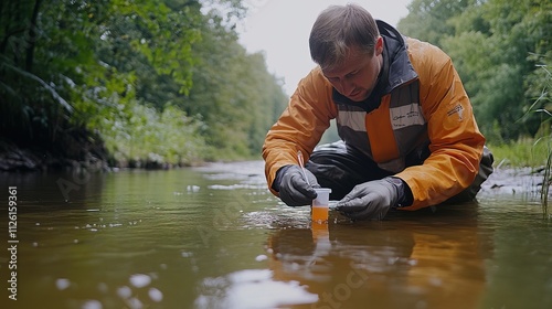 Technician testing sediment concentration in a river using water sampling photo