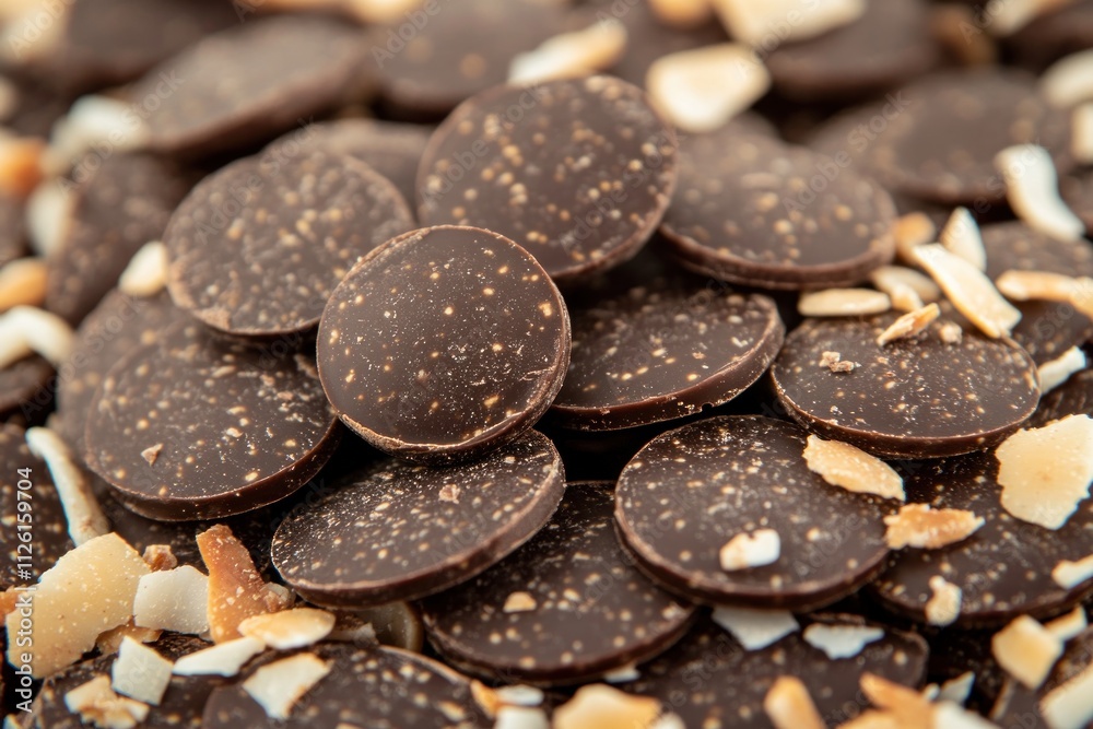 A close-up of dark chocolate discs sprinkled with coconut flakes. A close-up of dark chocolate discs sprinkled with coconut flakes.