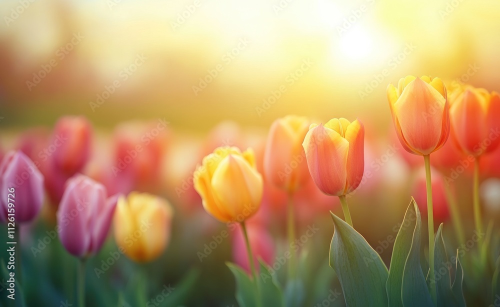 A vibrant field of tulips in soft sunlight, showcasing nature's beauty and tranquility. A vibrant field of tulips in soft sunlight, showcasing nature's beauty and tranquility.
