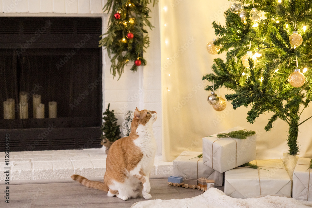 Obraz premium Cat looking up at the decorated christmas tree