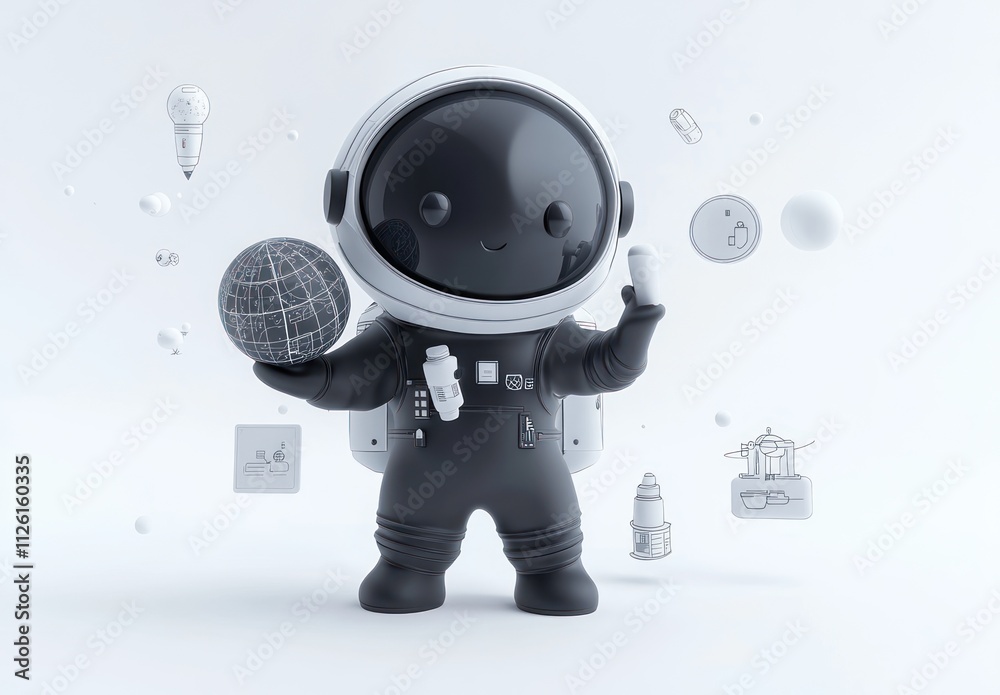 A cute astronaut character holding a globe, surrounded by various space-themed icons. A cute astronaut character holding a globe, surrounded by various space-themed icons.
