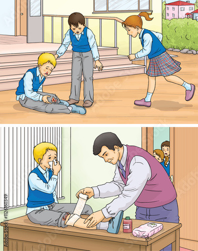 A male student who fell while running and made his knee and nose bleed. A young student who received first aid in the infirmary.