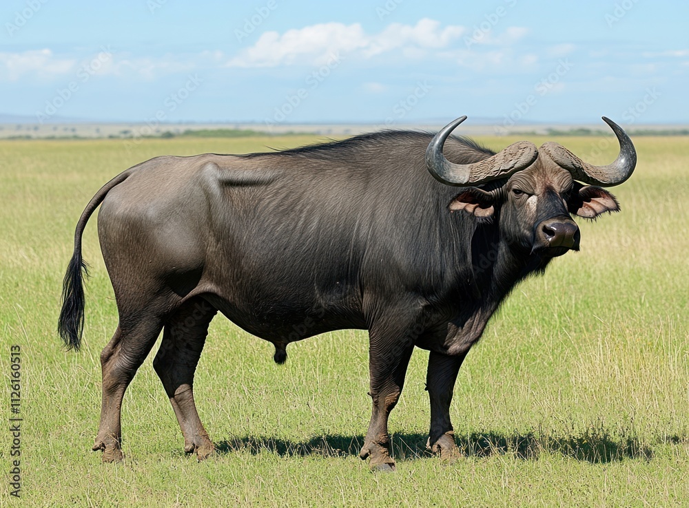 A solitary buffalo stands in a grassy field under a clear blue sky. A solitary buffalo stands in a grassy field under a clear blue sky.