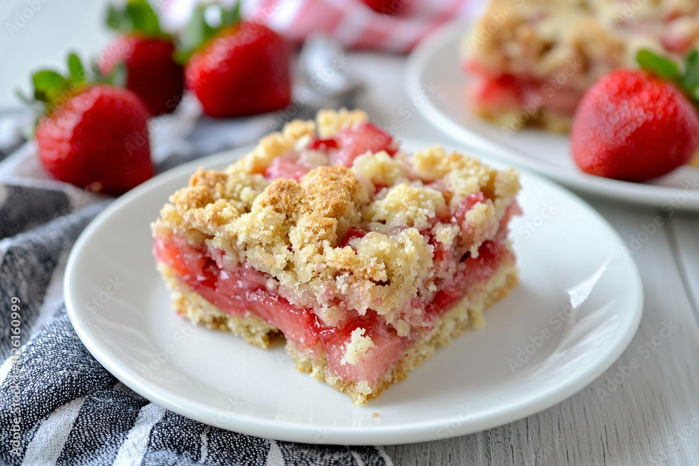 Delicious strawberry rhubarb crumb bars served on white plates. Delicious strawberry rhubarb crumb bars served on white plates.