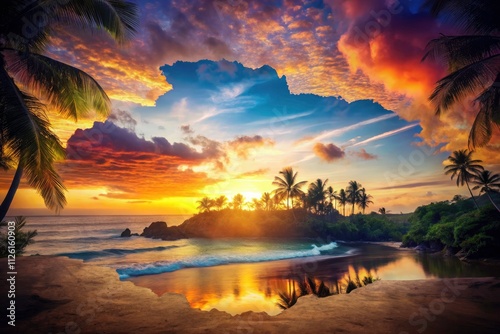 Puerto Rico Silhouette Map Double Exposure Photography: Island Paradise Sunsets, Beaches, Lush Rainforests photo