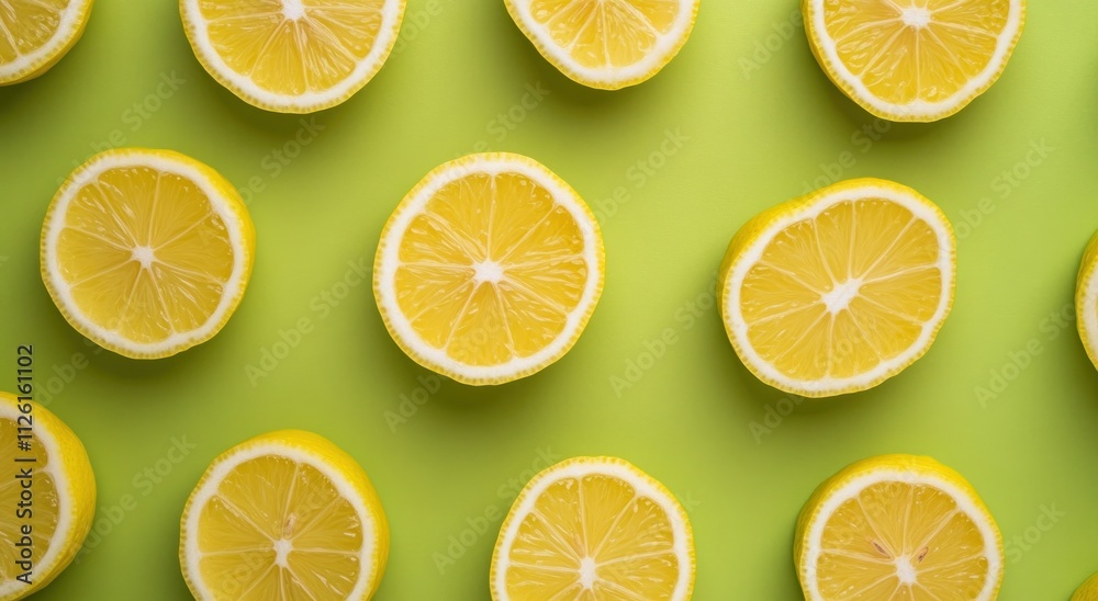 Sliced lemons arranged on a vibrant green background. Sliced lemons arranged on a vibrant green background.