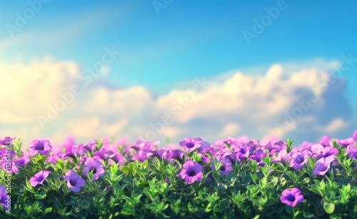 A vibrant field of purple flowers under a bright sky with fluffy clouds.