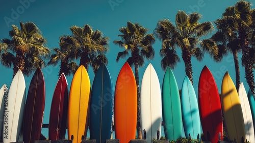 Colorful Surfboards Leaning Against Palm Trees