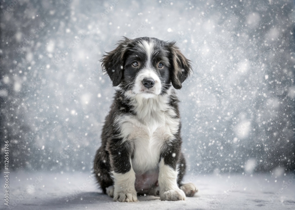 Sad Puppy in Snow - Black and White Drone Photography, Winter Dog, Snowy Scene Sad Puppy in Snow - Black and White Drone Photography, Winter Dog, Snowy Scene