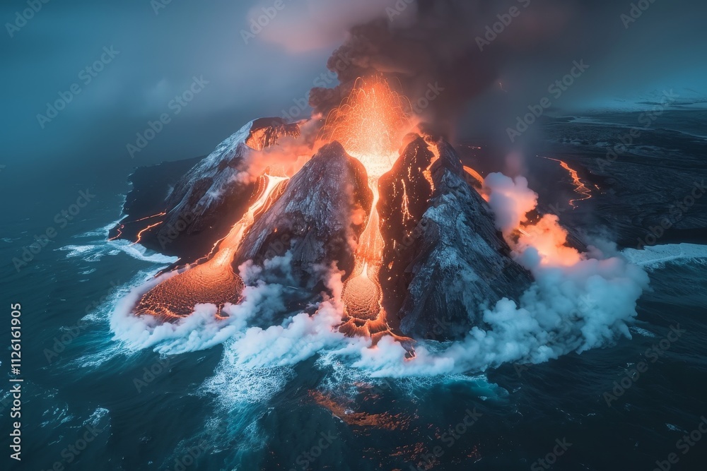 A volcano erupts fiercely, sending lava cascading down its sides into the ocean, creating steam and glowing light, amid a dramatic twilight sky. A volcano erupts fiercely, sending lava cascading down its sides into the ocean, creating steam and glowing light, amid a dramatic twilight sky.