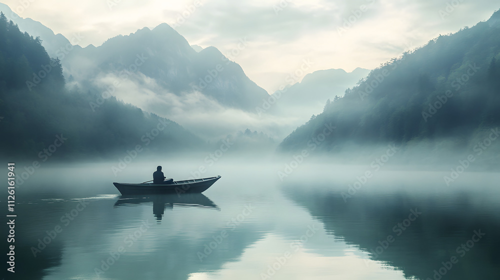 Misty morning boat ride across a serene lake surrounded by mountains and fog Misty morning boat ride across a serene lake surrounded by mountains and fog