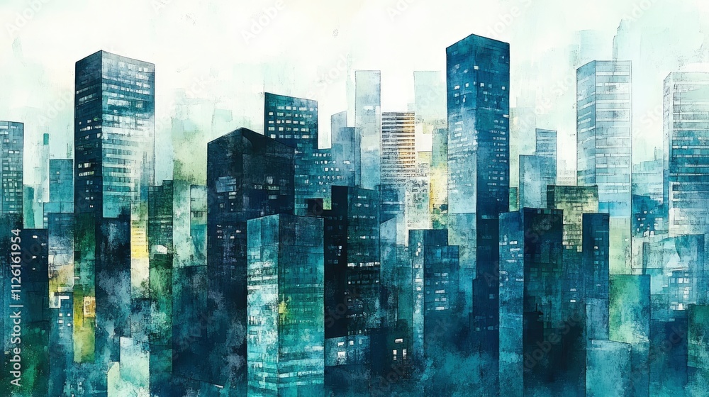 Obraz premium A watercolor depiction of a modern city skyline with tall buildings and soft colors.