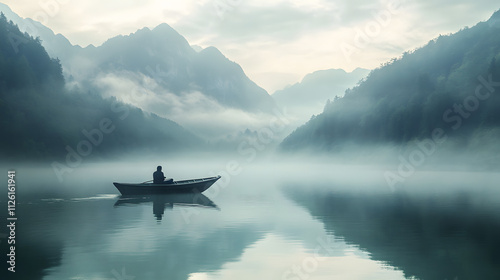 Misty morning boat ride across a serene lake surrounded by mountains and fog