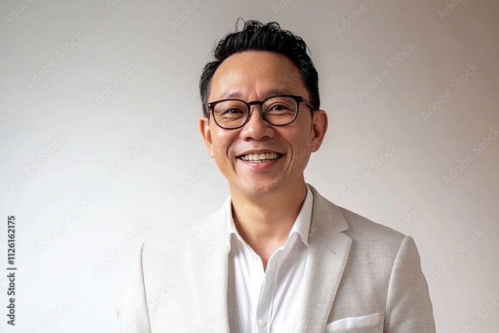 A man wearing glasses and a white jacket is smiling A man wearing glasses and a white jacket is smiling