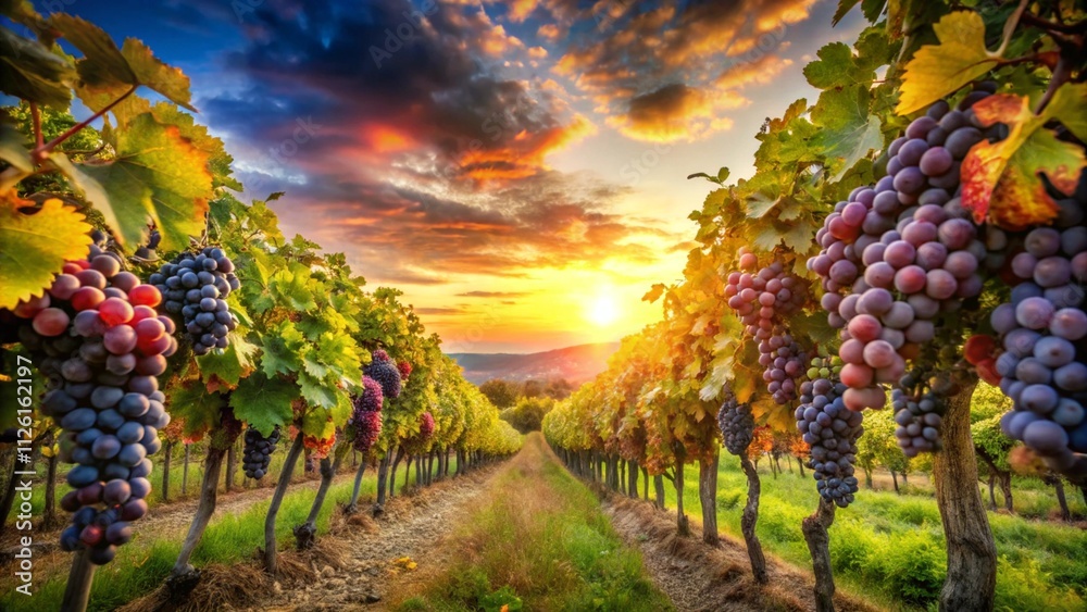 Naklejka premium Vineyard In Fall Harvest With Ripe Grapes At Sunset 