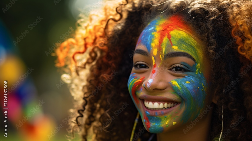 Joyful Young Person with Rainbow Face Paint Embracing Diversity and Pride in LGBTQ+ Celebration Joyful Young Person with Rainbow Face Paint Embracing Diversity and Pride in LGBTQ+ Celebration