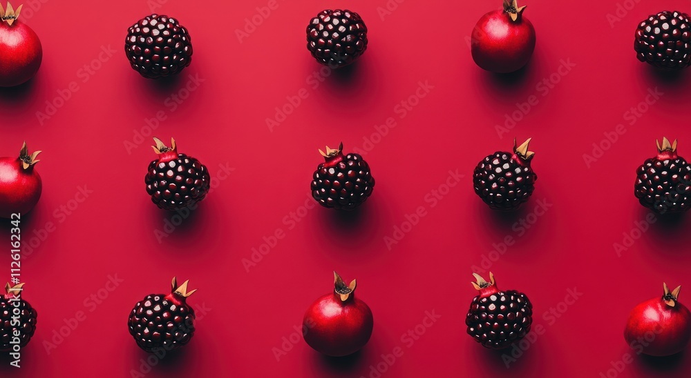 A vibrant arrangement of blackberries and pomegranates on a red background.