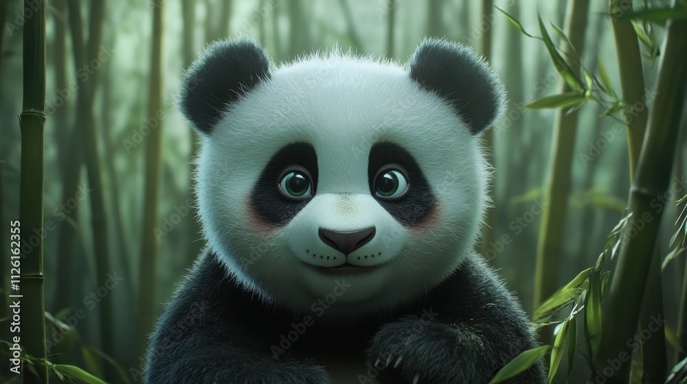 Obraz premium A close-up portrait of a panda with soft eyes, surrounded by towering bamboo stalks in a serene forest setting.