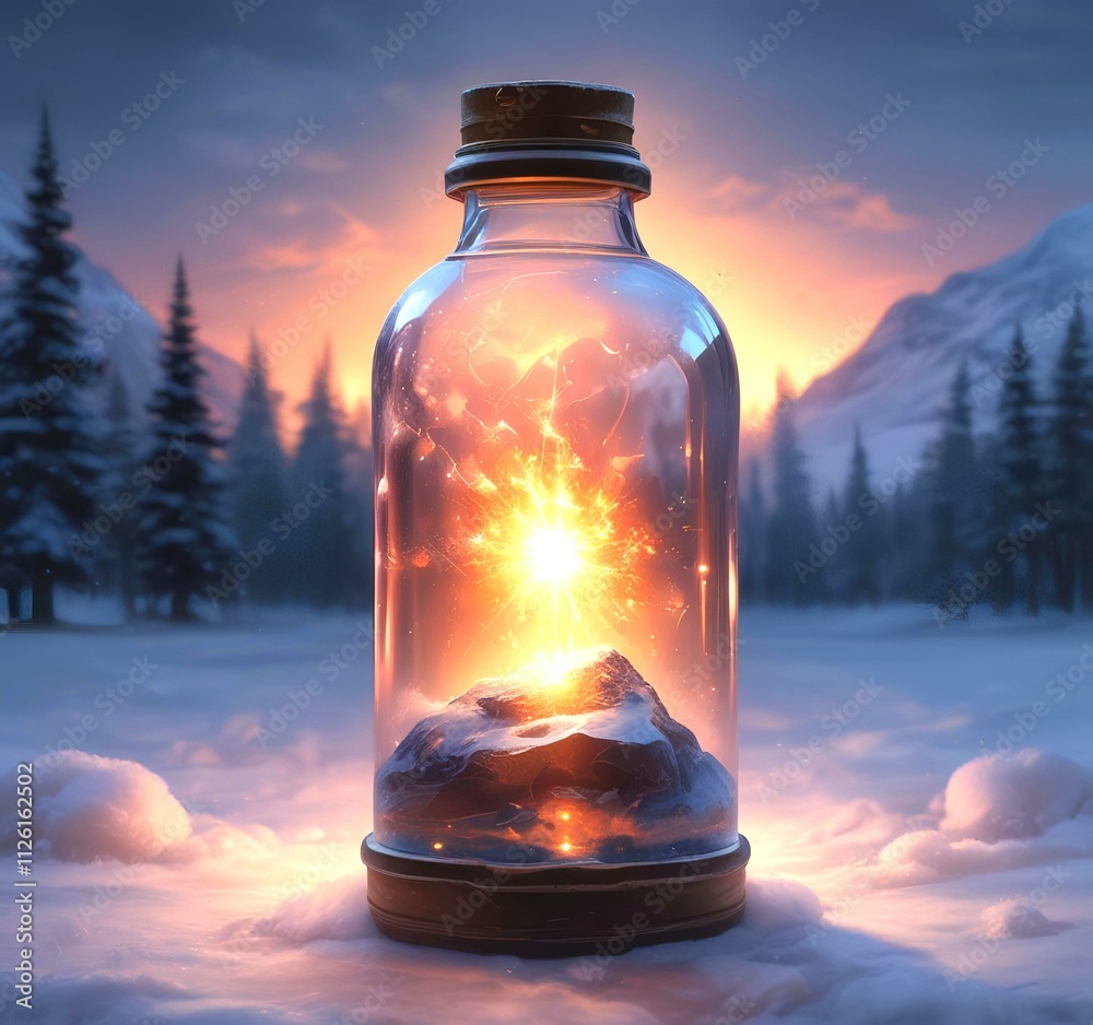 Illustration of bottle with magic spark inside. Illustration of bottle with magic spark inside.