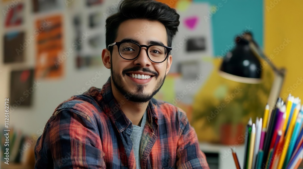Smiling Young Male Creative Professional in Plaid Shirt at Modern Office Workspace Smiling Young Male Creative Professional in Plaid Shirt at Modern Office Workspace