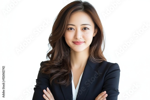 A woman in a business suit is smiling and looking directly at the camera