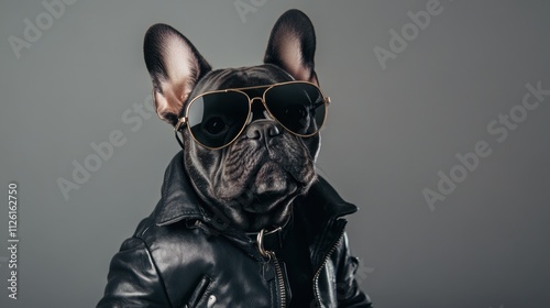 A confident French Bulldog in a leather jacket and aviator sunglasses, striking a cool pose against a minimalist backdrop.