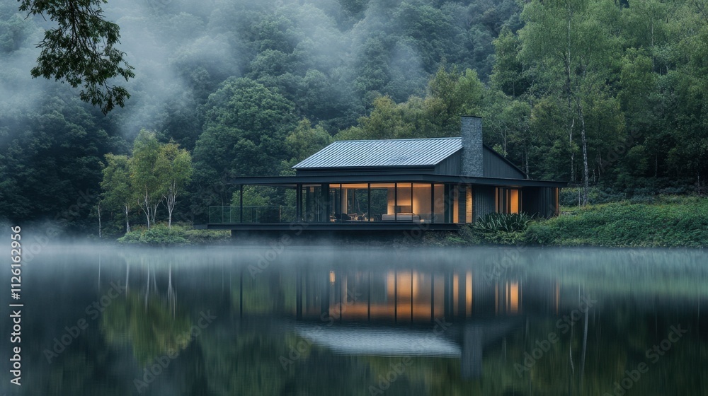 Fototapeta premium A contemporary home reflecting on a serene lake, surrounded by the soft fog of a dense forest.