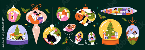 Happy people inside Christmas ornaments set. Decorations with couples, Xmas tree, gifts: balls, snow globe, garland, mistletoe. Winter holiday celebration concept. Flat isolated vector illustrations