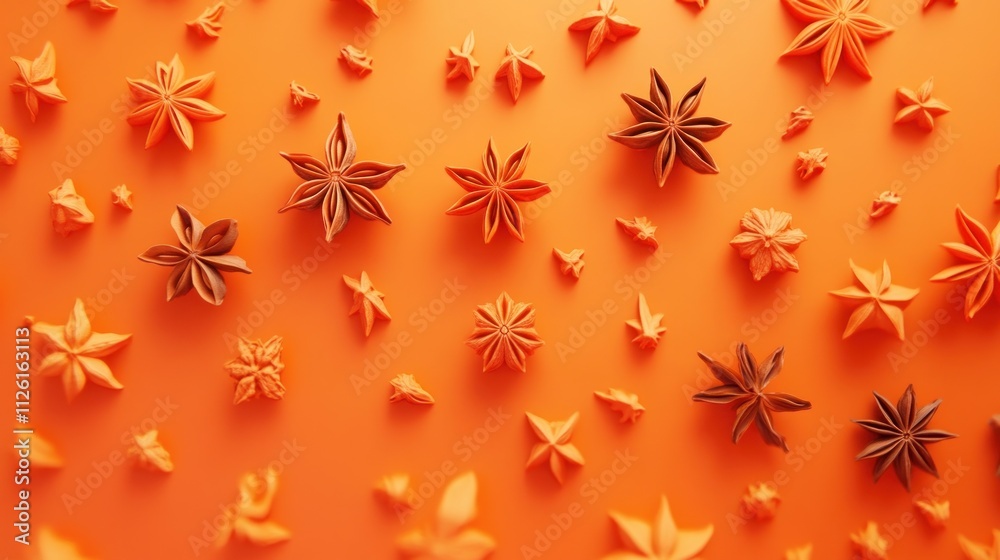 A vibrant arrangement of star-shaped spices on an orange background. A vibrant arrangement of star-shaped spices on an orange background.