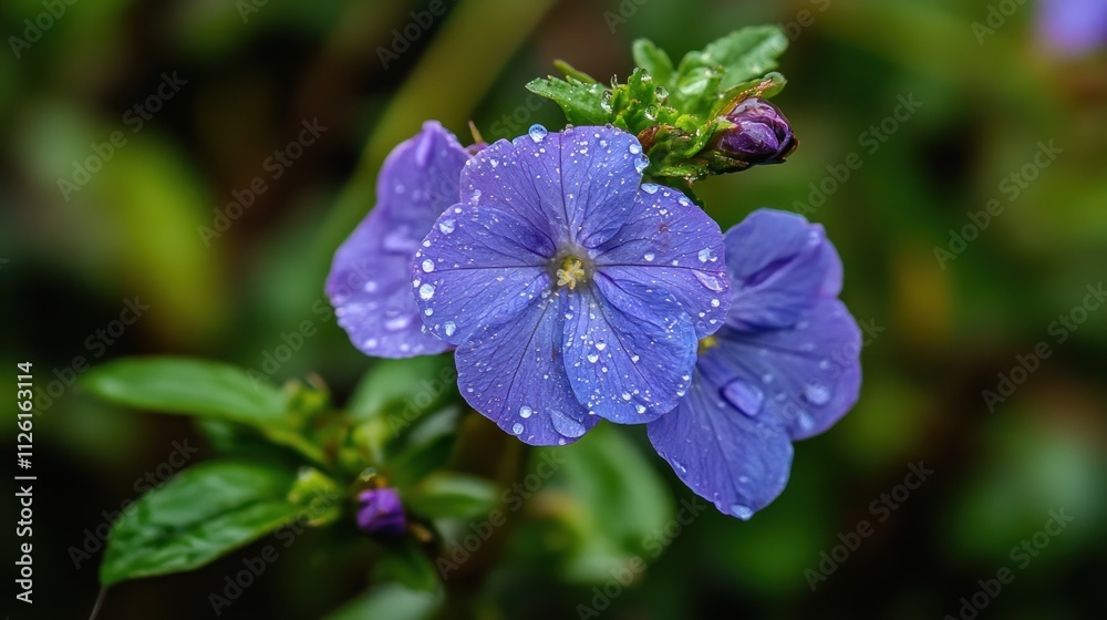 Close-up of vibrant purple flowers with water droplets, showcasing delicate petals and lush green leaves in a garden setting. Close-up of vibrant purple flowers with water droplets, showcasing delicate petals and lush green leaves in a garden setting.