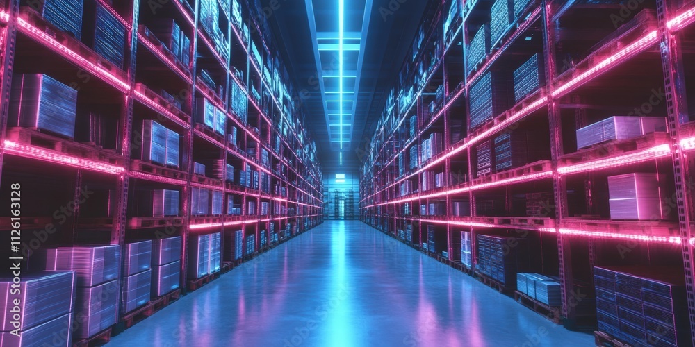 Obraz premium Futuristic Technology Retail Warehouse: Digitalization and Visualization of Industry 4. 0 Process that Analyzes Goods 