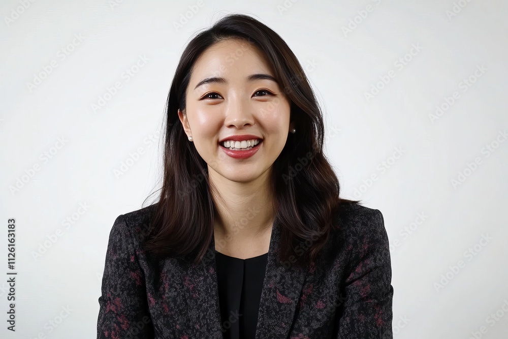 A woman in a black jacket and black dress is smiling A woman in a black jacket and black dress is smiling