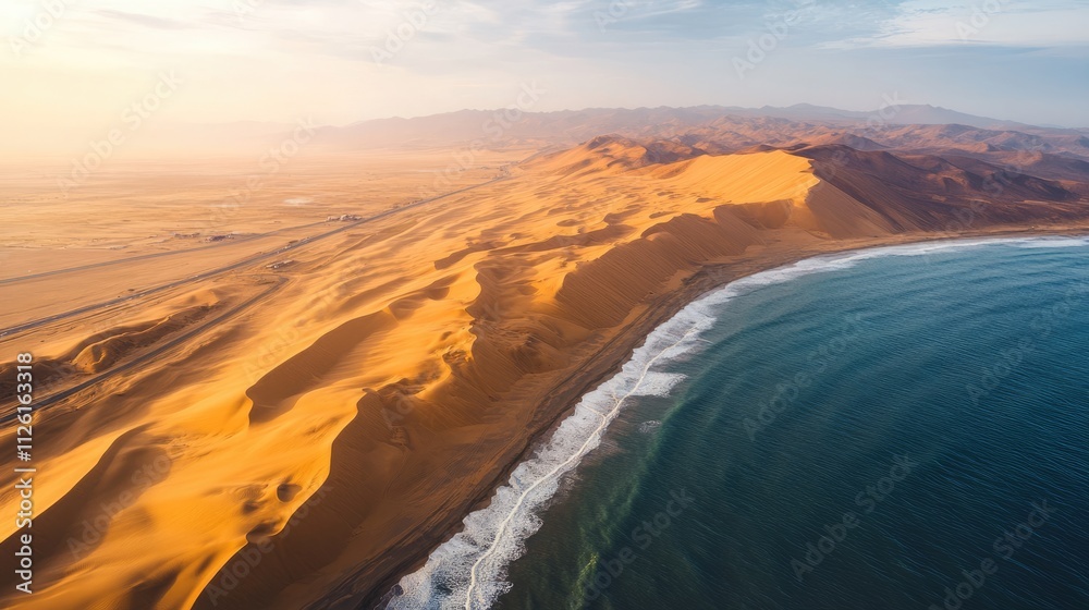 Fototapeta premium Aerial View of Desert Coastline at Sunset