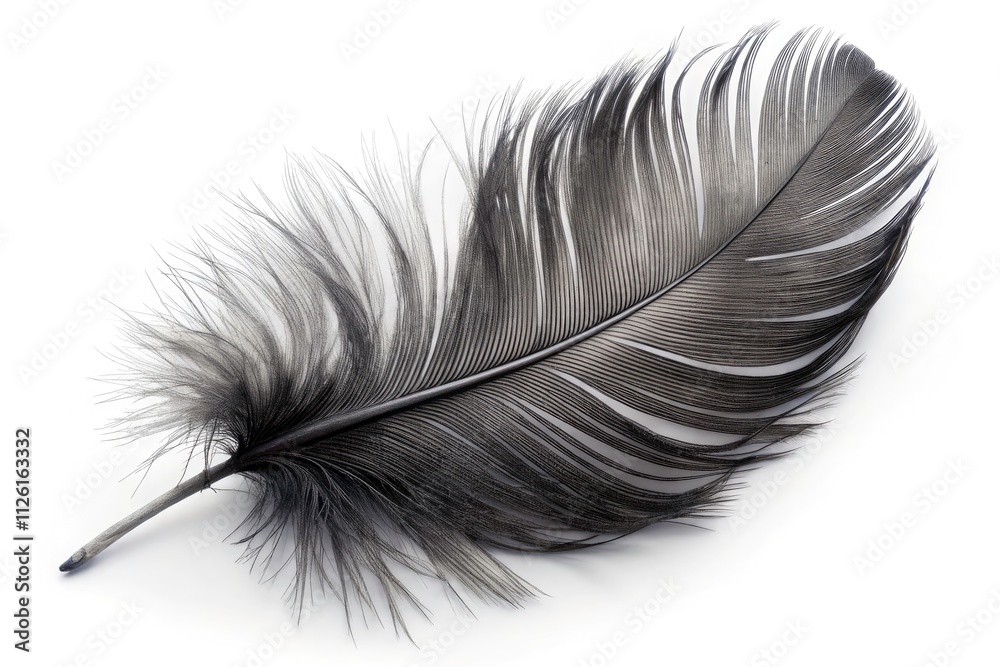 Single Black Swan Feather, Isolated White Background: High-Resolution Photo Single Black Swan Feather, Isolated White Background: High-Resolution Photo