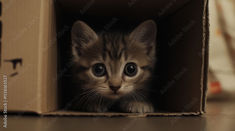 A curious kitten peeking out from inside a cardboard box. A curious kitten peeking out from inside a cardboard box.