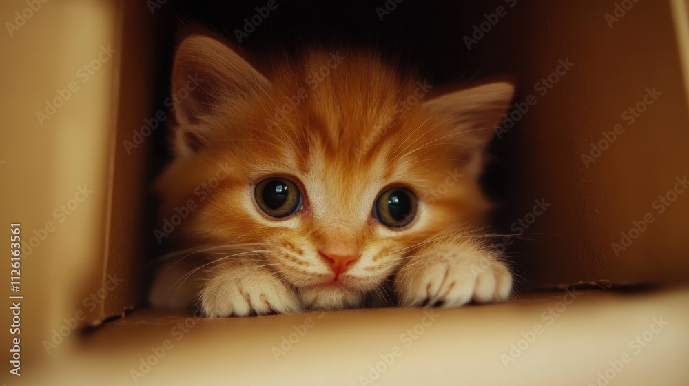 A curious kitten peeking out from inside a cardboard box. A curious kitten peeking out from inside a cardboard box.
