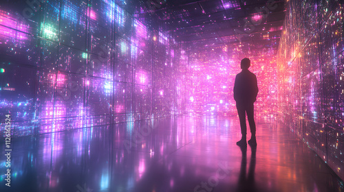 Visitor stands in immersive light installation at modern art gallery during evening event