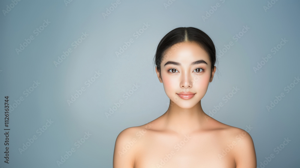 Obraz premium close up portrait of Asian woman with glowing skin, showcasing natural beauty and serene expression. soft lighting enhances her features and creates calm atmosphere
